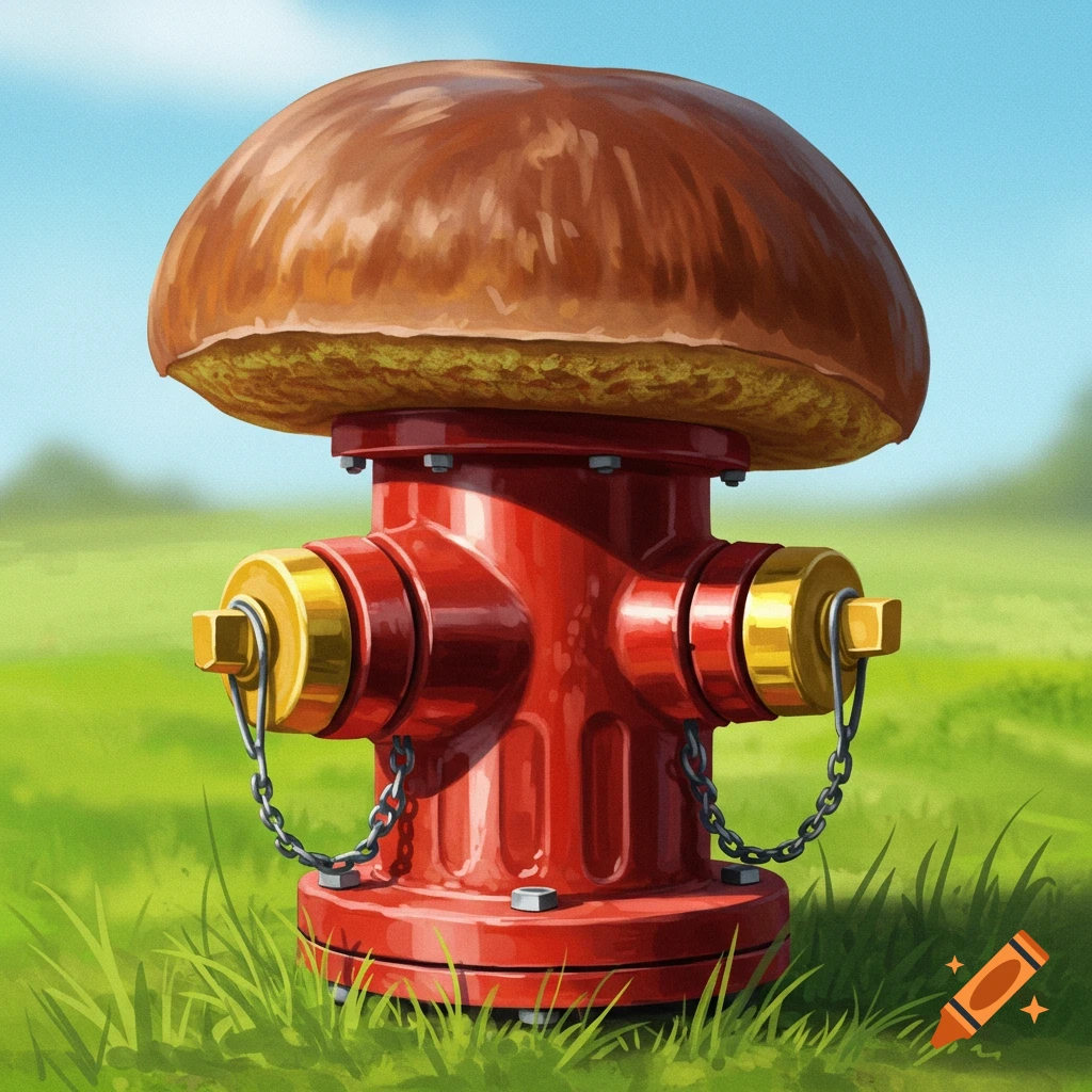 A red fire hydrant with a brown mushroom cap on top stands in a grassy field.