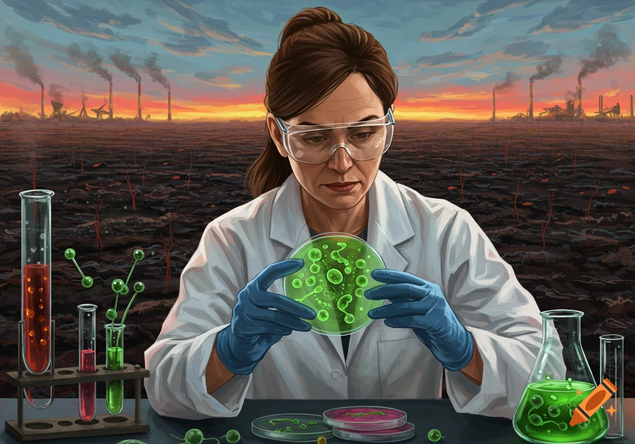 A scientist in a lab coat and safety goggles examines a petri dish of green microbes on a lab table with a polluted landscape behind.