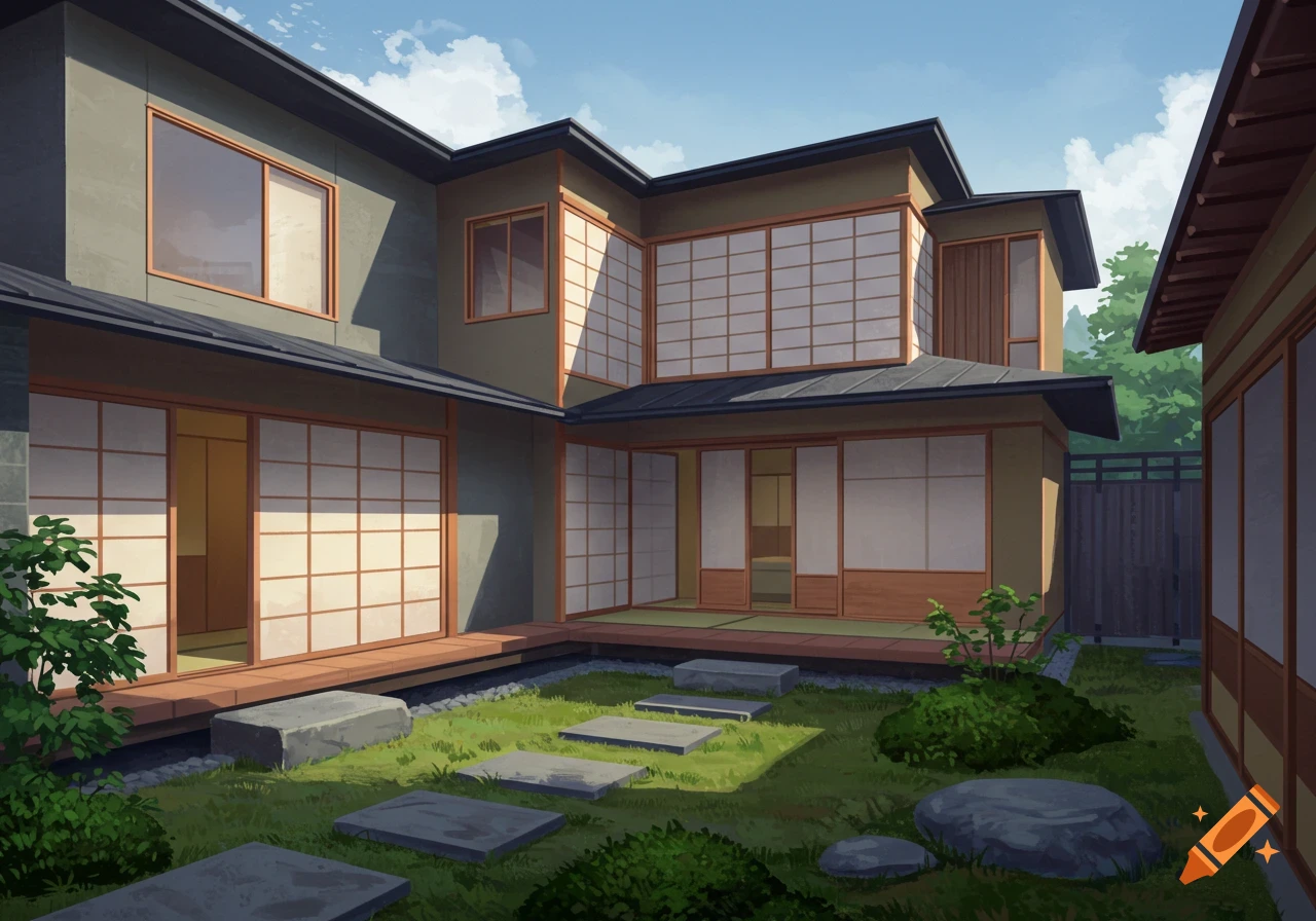 Illustration of a modern Japanese house with sliding doors and a small garden.