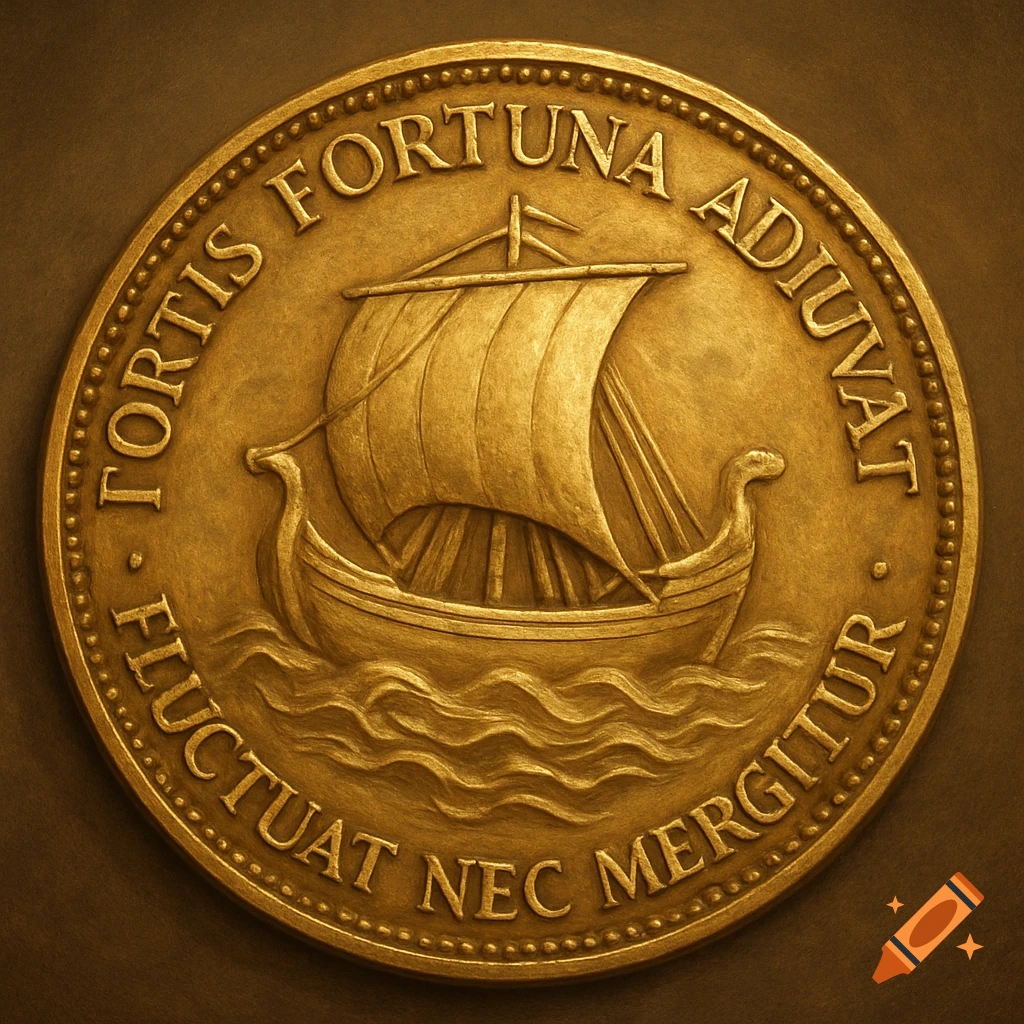 Close-up of a gold coin with a ship on it and text around the edge.