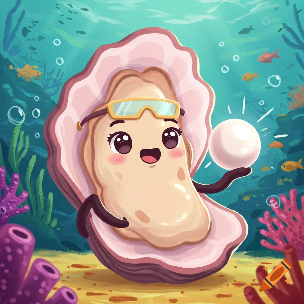 Cute cartoon oyster wearing goggles holds a pearl in an underwater scene with fish and coral