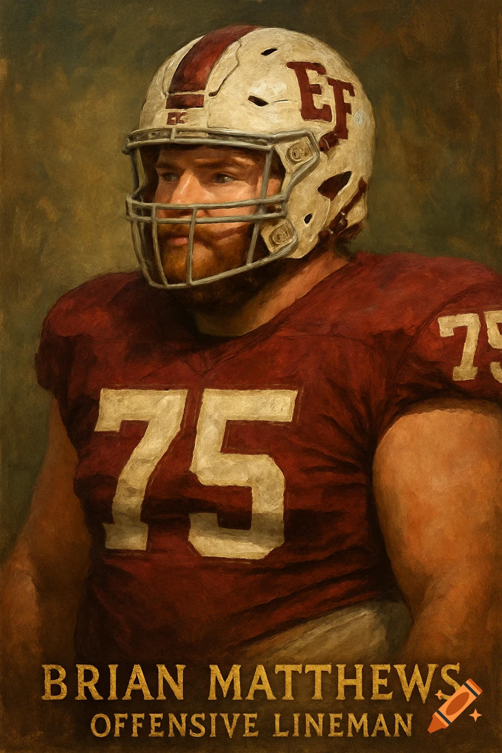 Portrait painting of an American football player in a maroon and white uniform with number 75 and helmet. Text: BRIAN MATTHEWS OFFENSIVE LINEMAN.