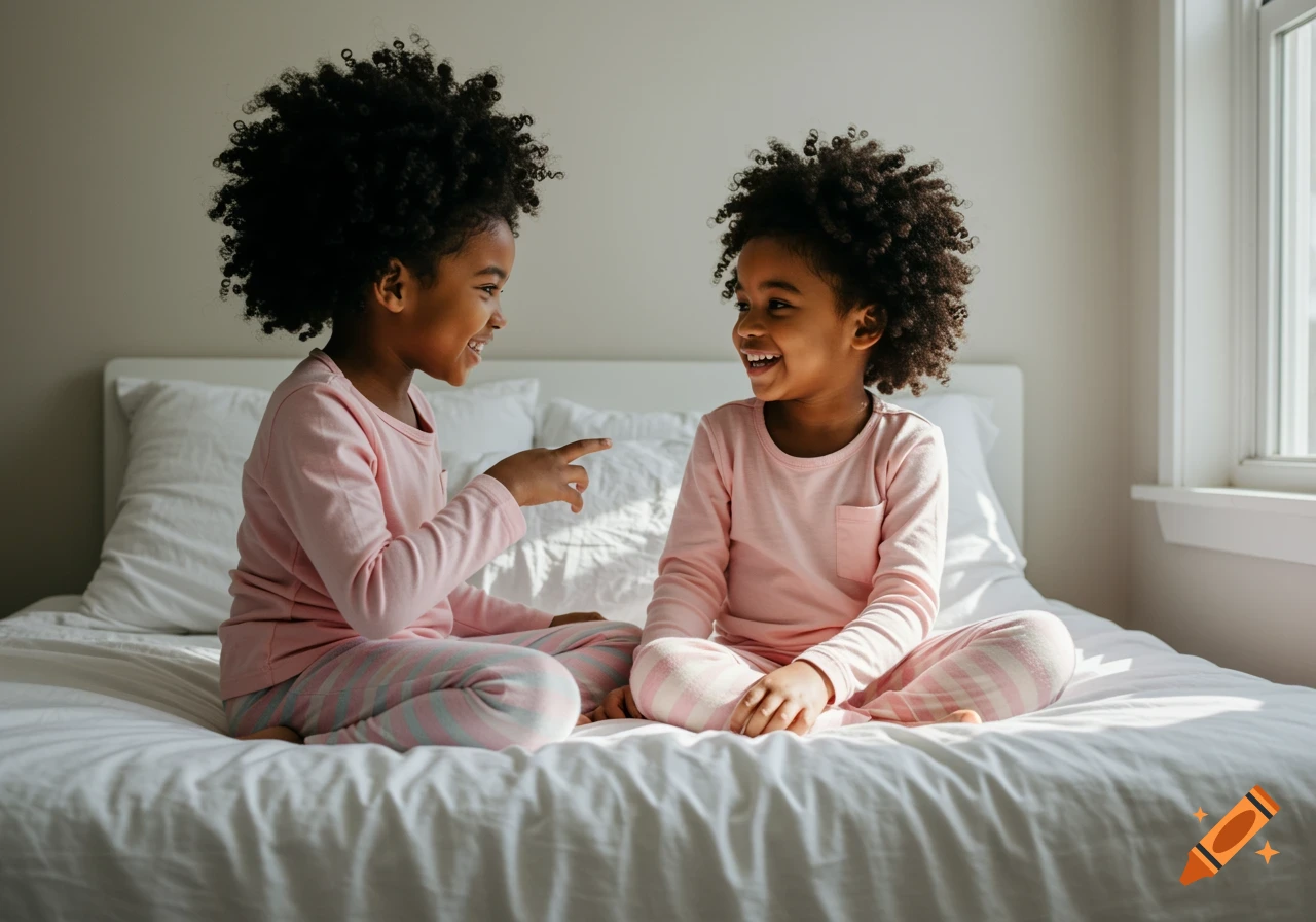 Two young Black girls in pink pajamas sit on a bed, talking and laughing.