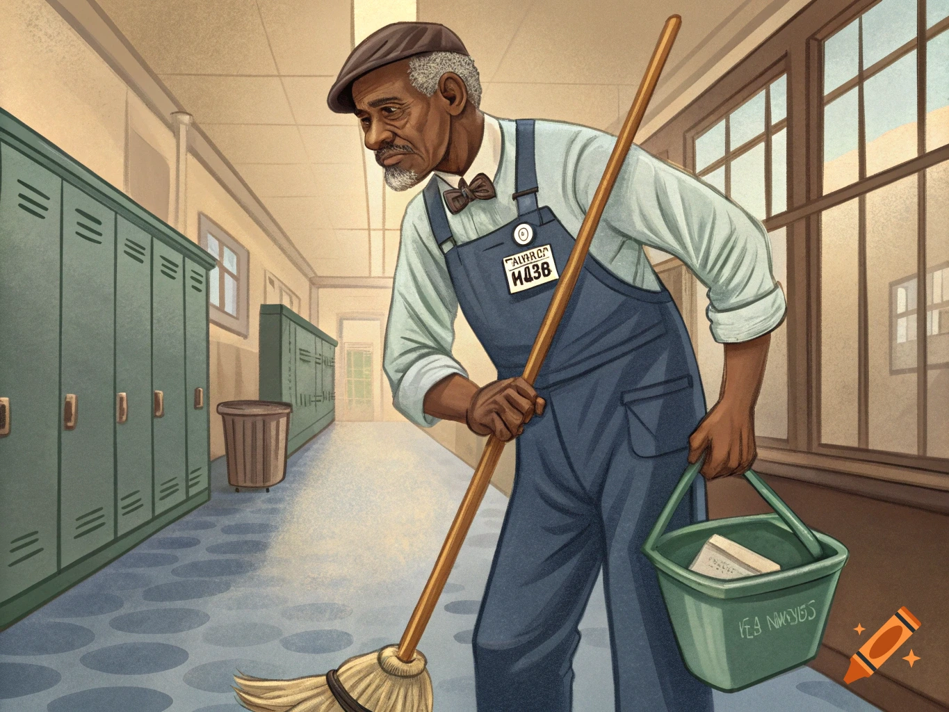 Illustration of an old janitor sweeping a school hallway.
