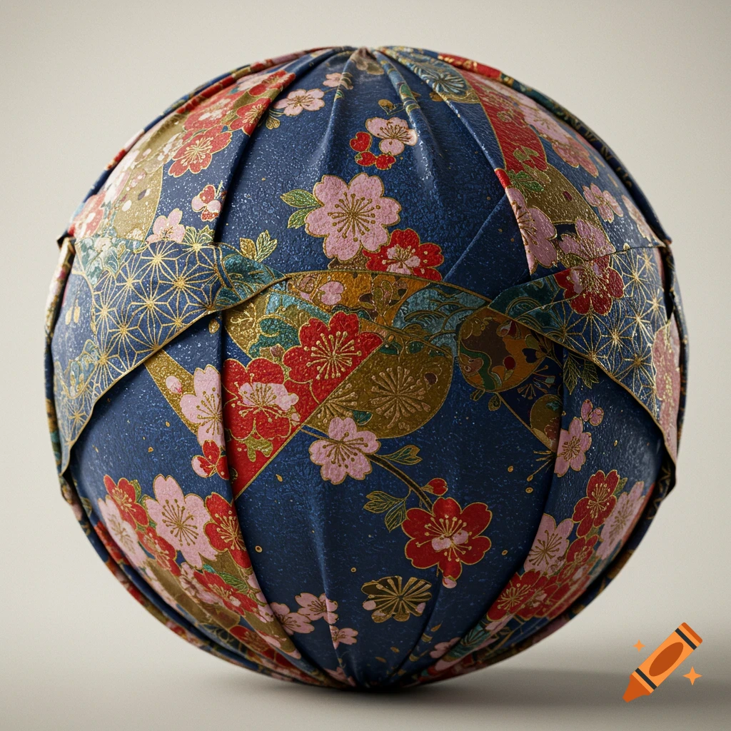 Decorative ball wrapped in Japanese paper with floral and geometric patterns.