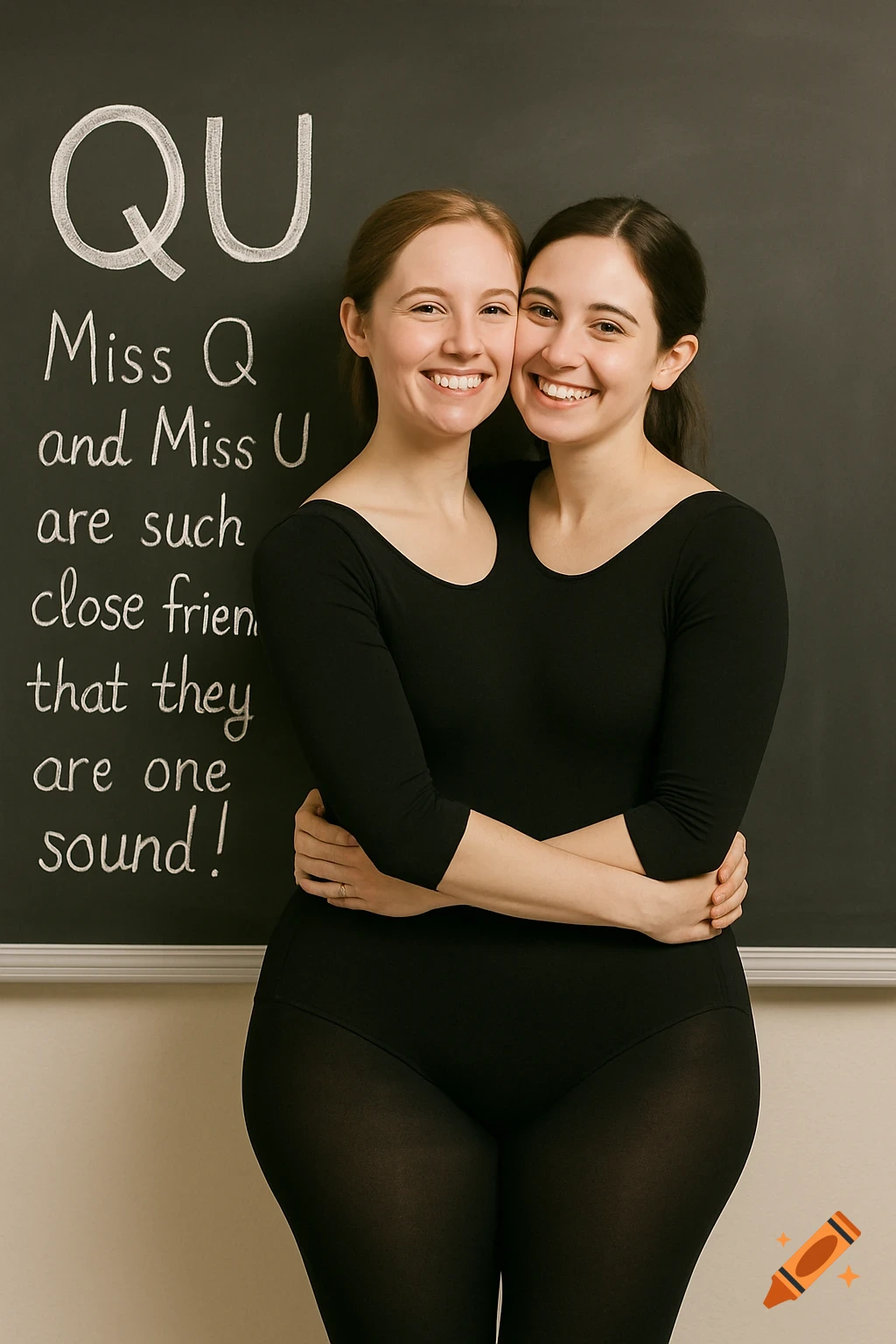 Two women hugging in leotards pose in front of a chalkboard with text about the 'QU' sound illusion.