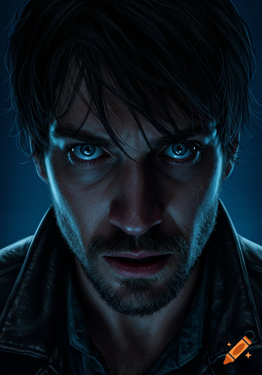Close-up, dramatic portrait of a man with intense blue eyes staring ...