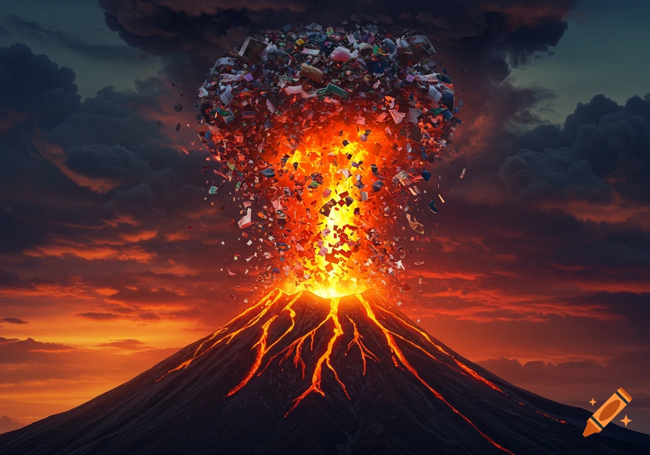 Volcano erupting a large plume of trash and debris under a dramatic, cloudy sky.