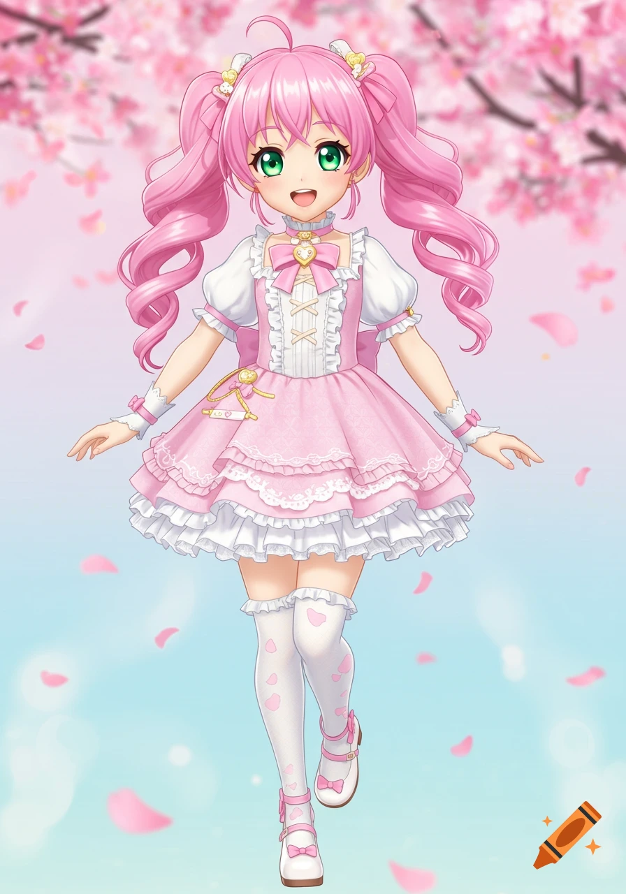 Anime girl with pink hair in a pink dress standing under cherry ...