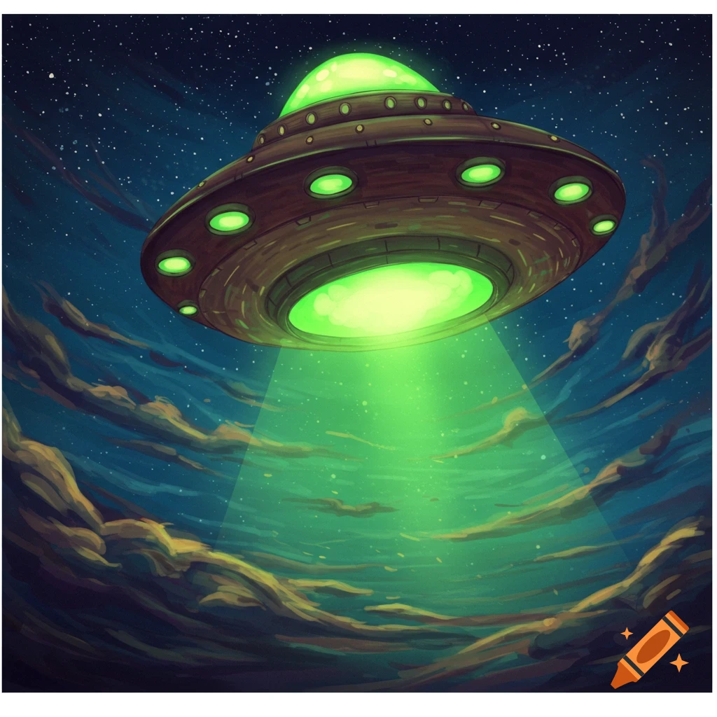 Cartoon illustration of a UFO with a green light beam hovering over clouds at night.