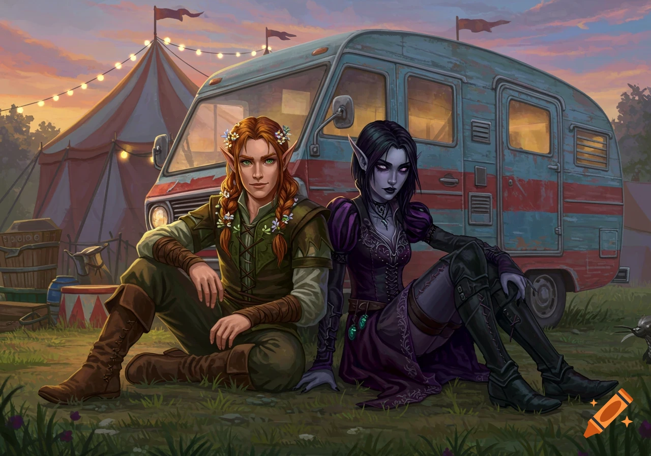 An elf and a dark elf sit in front of a camper and circus tent at sunset, illustration.
