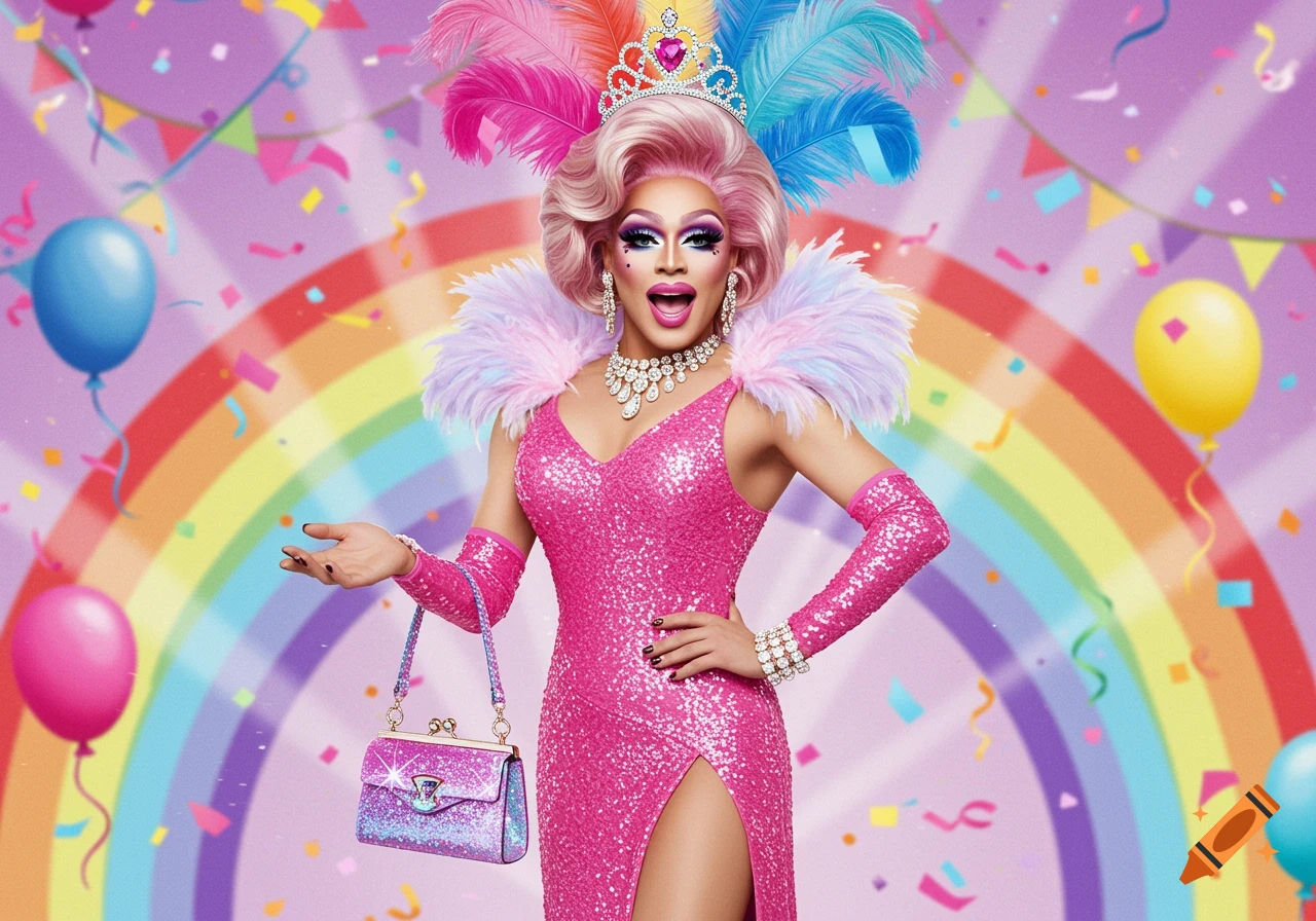 Drag queen in a pink sparkly dress with a rainbow and balloons in the background