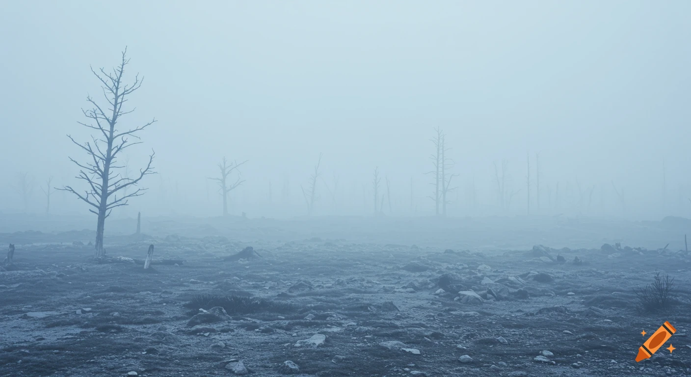 A misty blue wasteland landscape with dead trees.