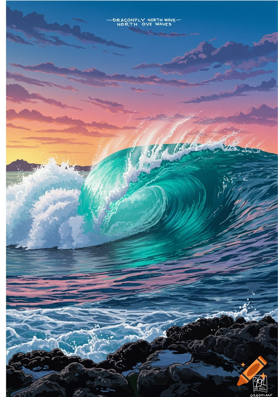 A large breaking wave at sunset, viewed from a rocky shore. Digital art.