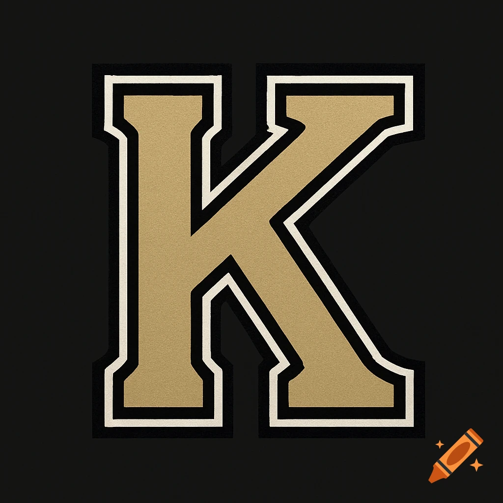 Gold letter K sports team logo with black and white outline on black background.