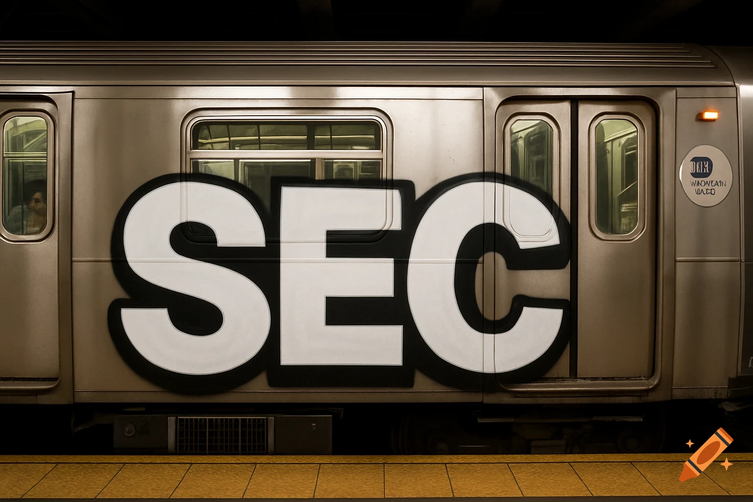 Photorealistic image of a NYC subway train with large 'SEC' graffiti on its side at a station.