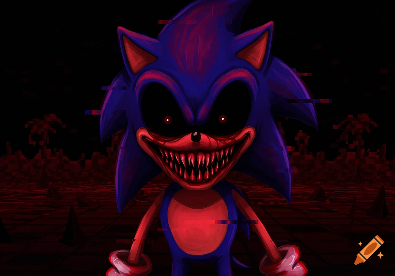 Creepy Sonic.EXE character with sharp teeth and red eyes against a dark, glitchy background.