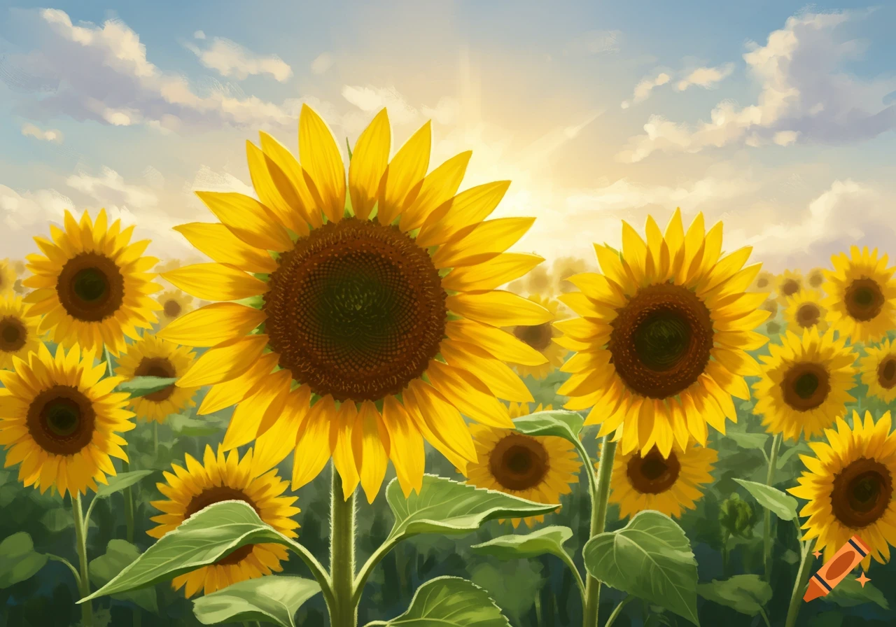 A field of bright yellow sunflowers under a sunny sky.
