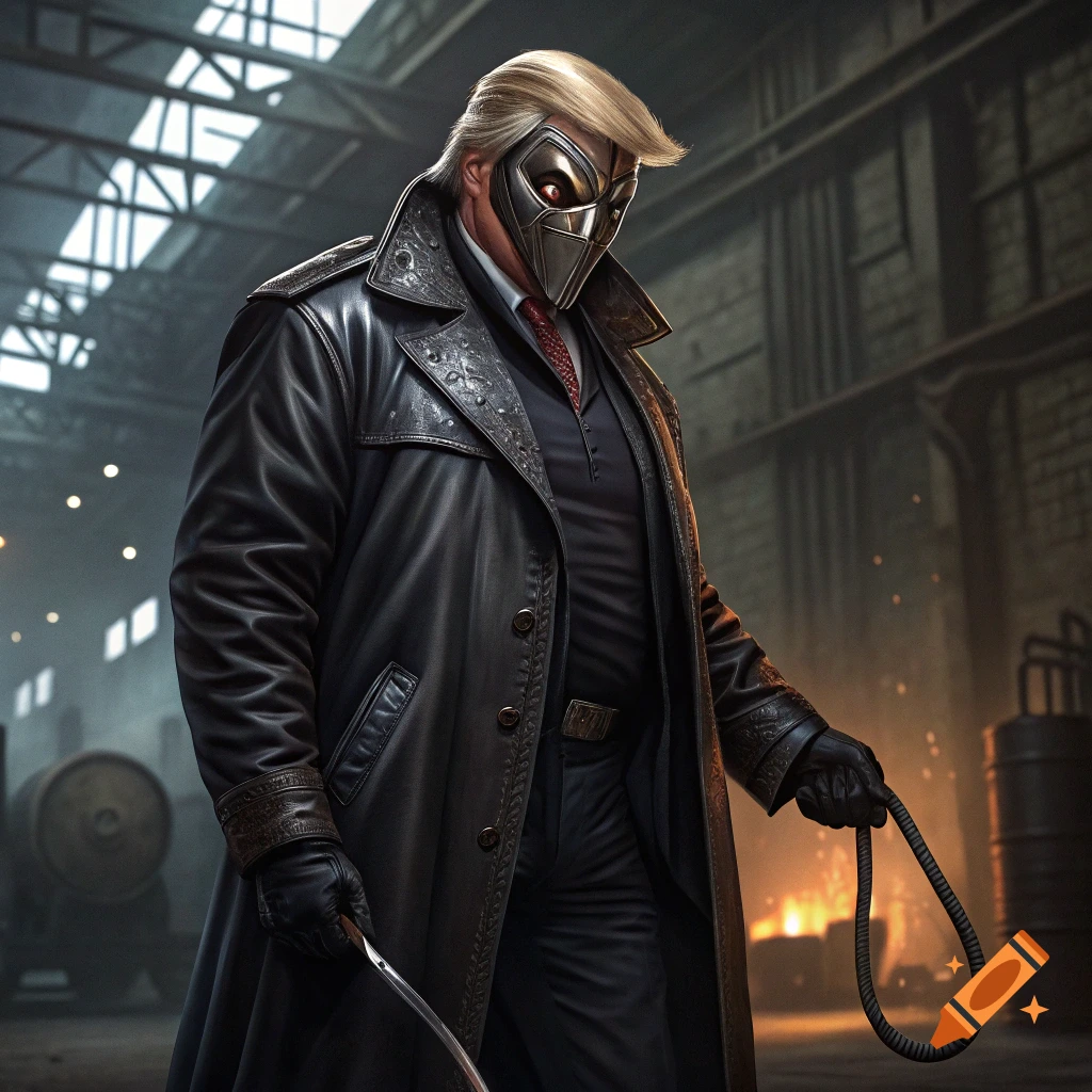 Donald Trump wearing a mask and black trench coat with a whip and blade in an industrial setting.