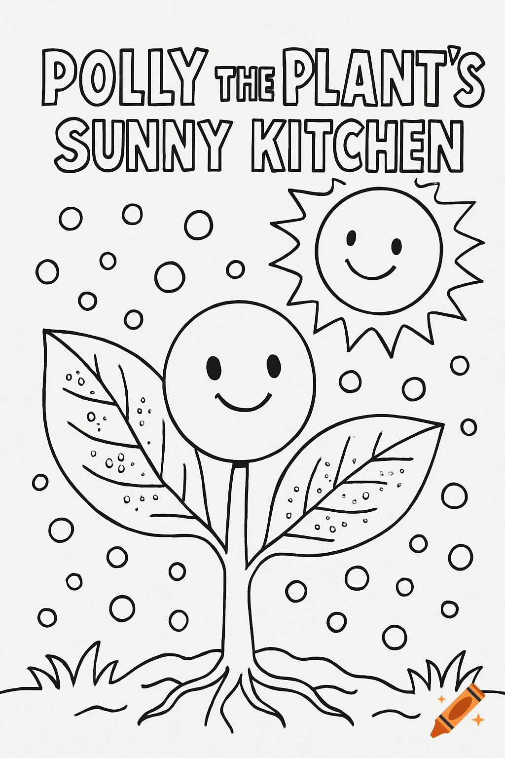 Black and white coloring page illustration of a cartoon plant with a smiling face and leaves, a smiling sun, and title text.