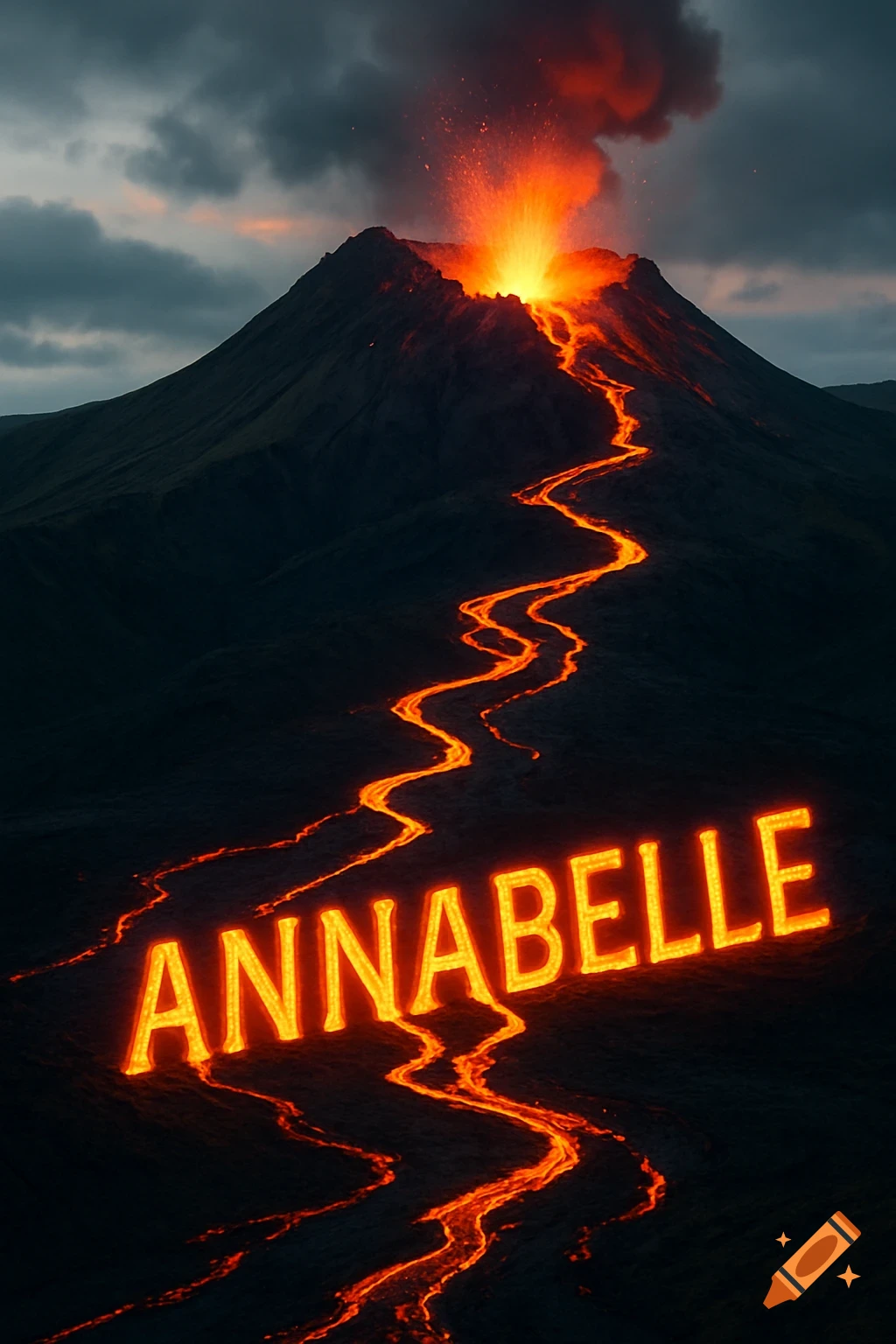 Volcano erupting with lava spelling out 'ANNABELLE' on the dark mountain slope