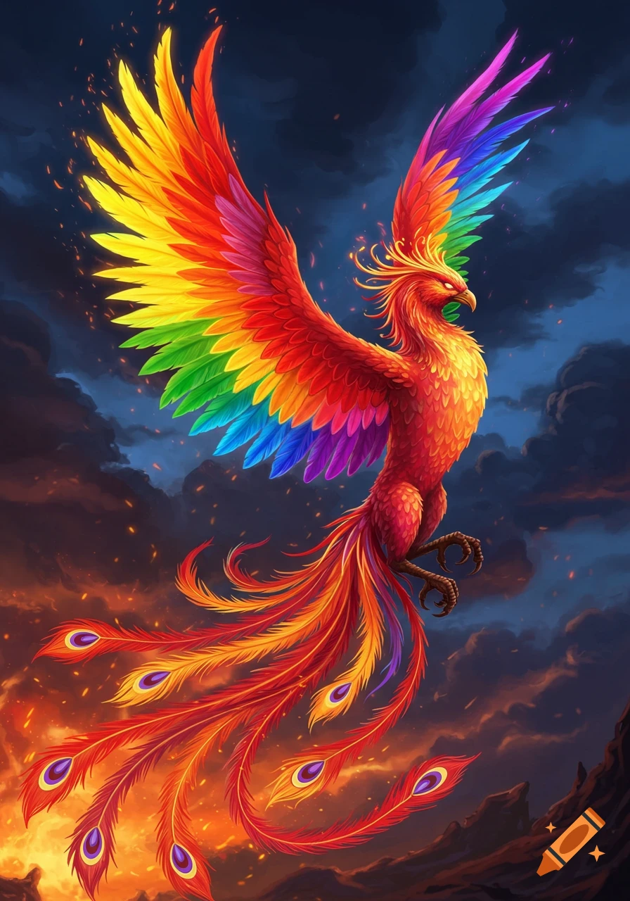 A vibrant, rainbow-colored phoenix with fiery tail feathers flies through a dark, stormy sky.