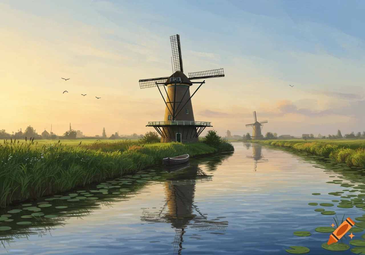 Painting of Dutch windmills by a river at sunset
