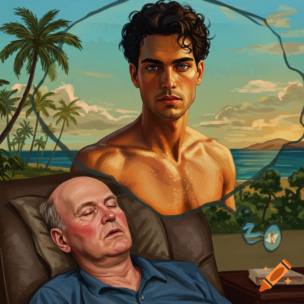 A balding man sleeps, dreaming of a shirtless young man on a beach. Illustrative style.