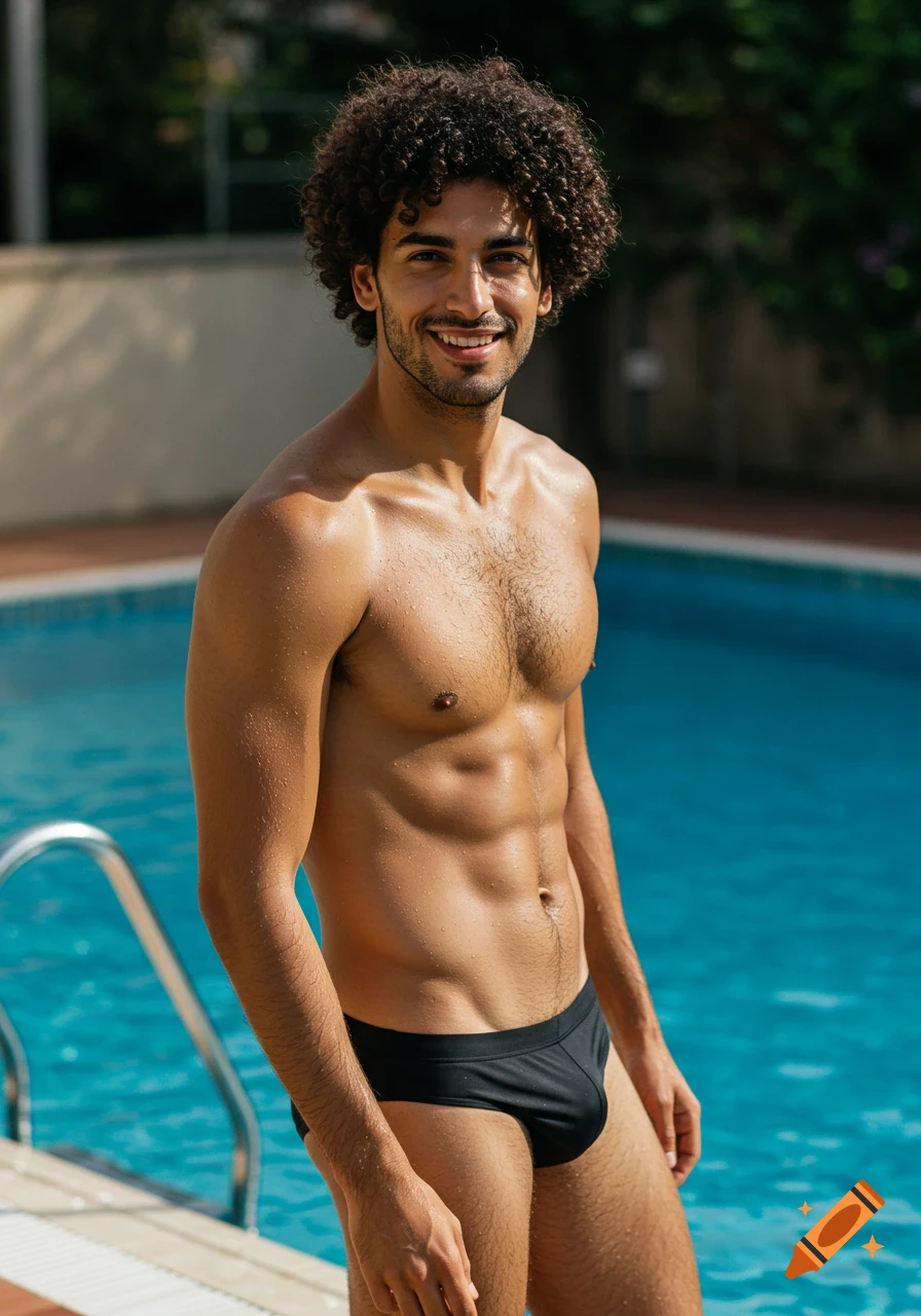 A smiling man with curly hair stands next to a pool wearing a black speedo.