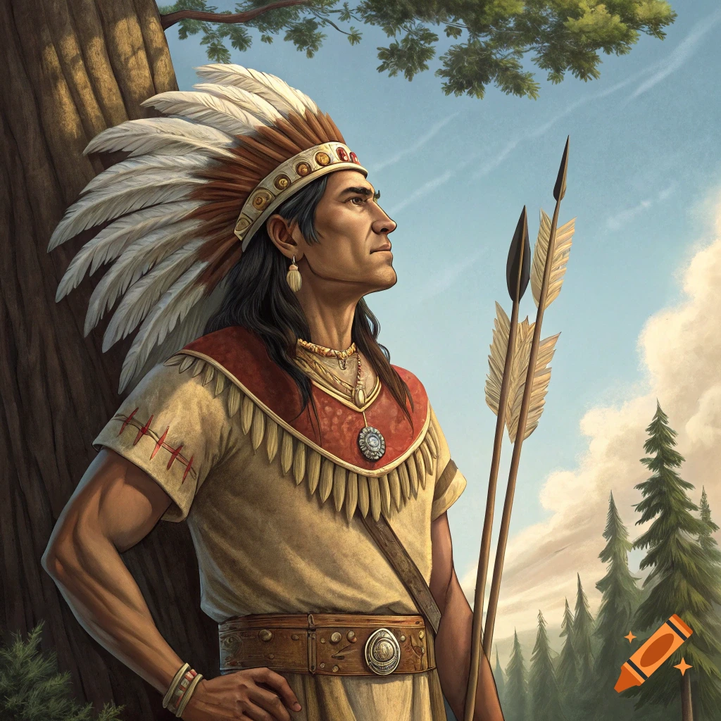 Man in Native American headdress holding arrows leans against a tree, looking into the distance.