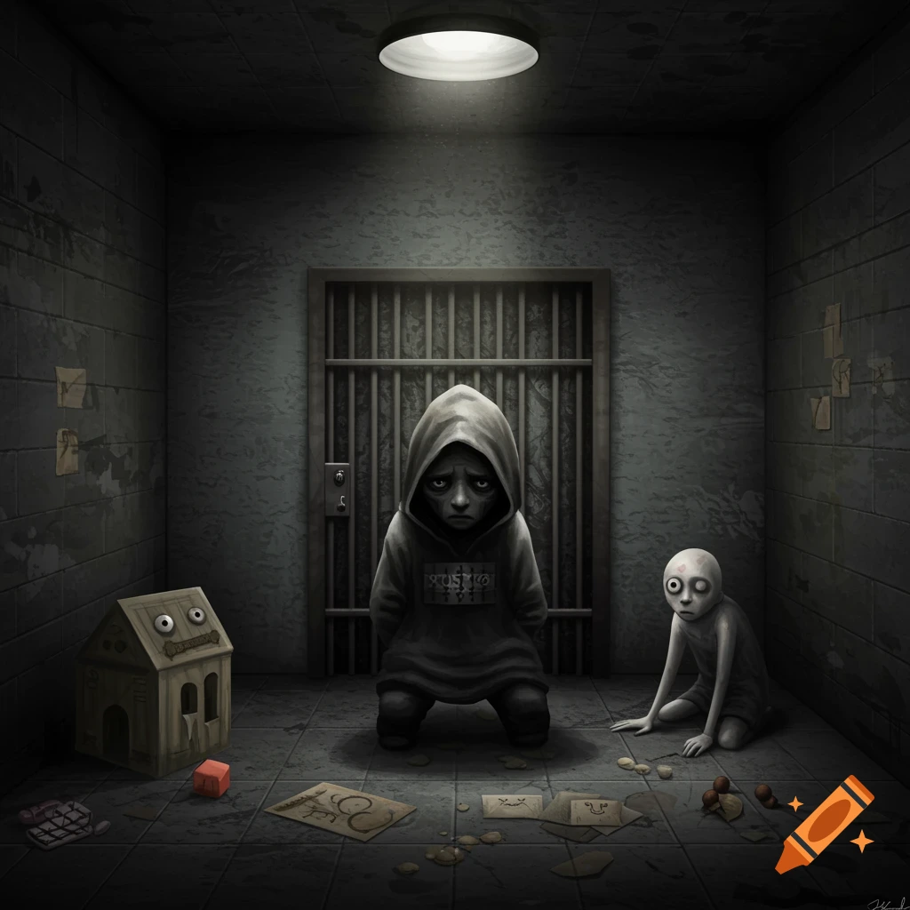 Two sad, distorted figures in a dark, gray jail cell with scattered objects.