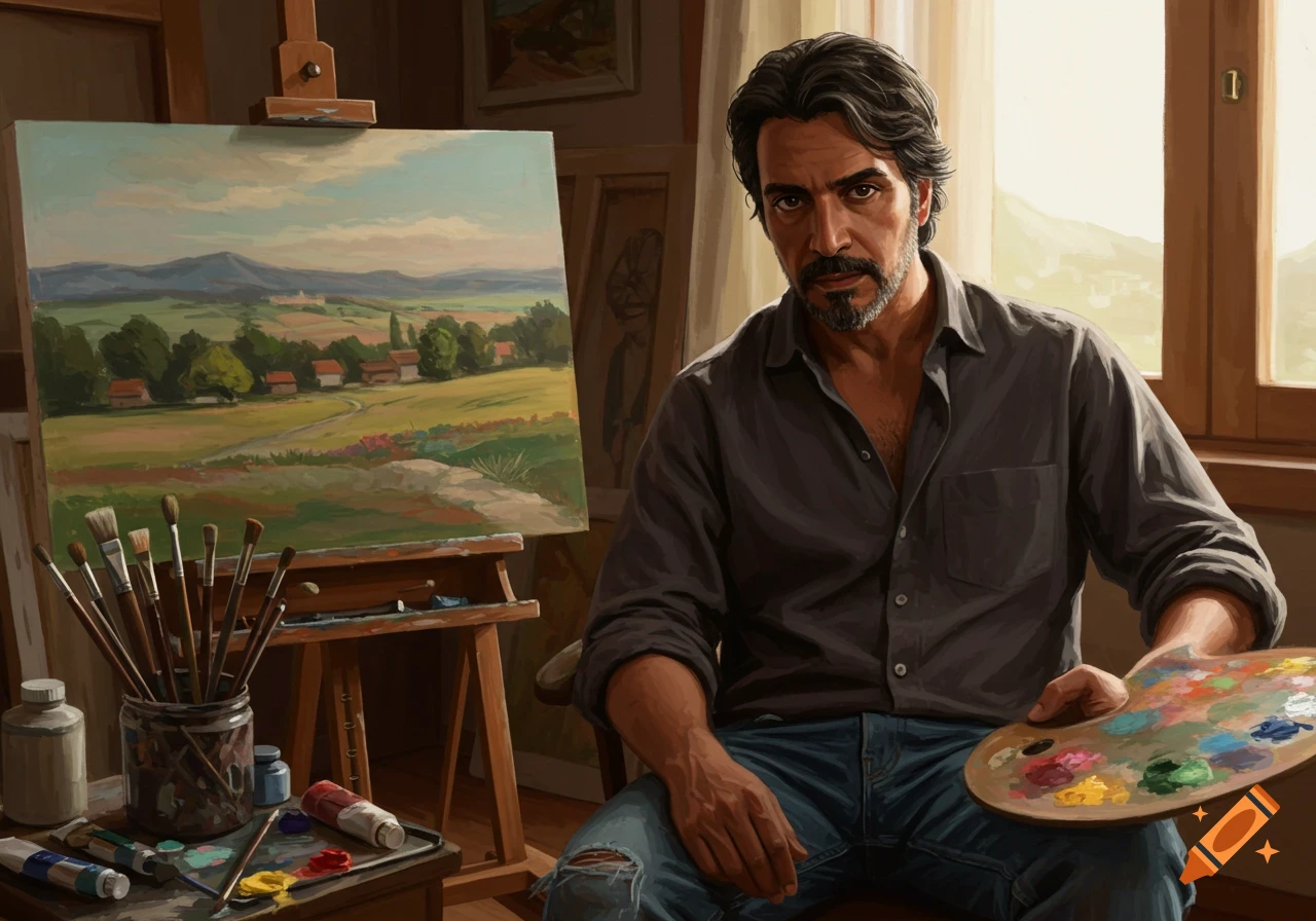 Artist in a studio holding a palette next to a landscape painting on an easel