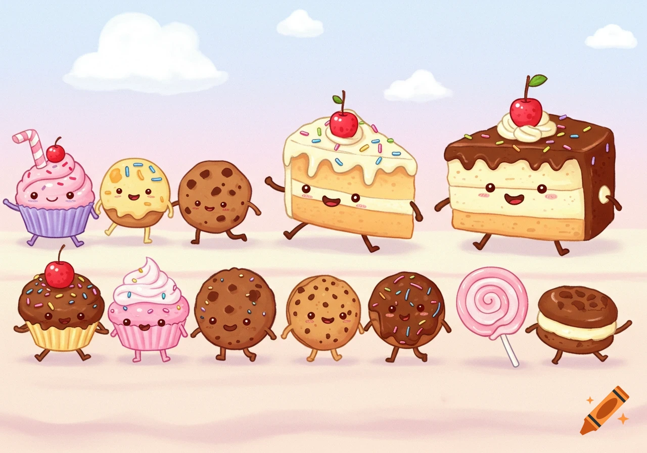 Cartoon desserts walk in a line across a pastel background, including cupcakes, cookies, and cake slices.