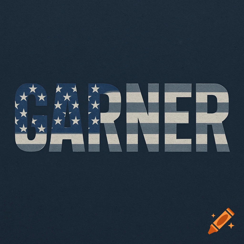The word GARNER filled with an American flag pattern on a dark blue background.