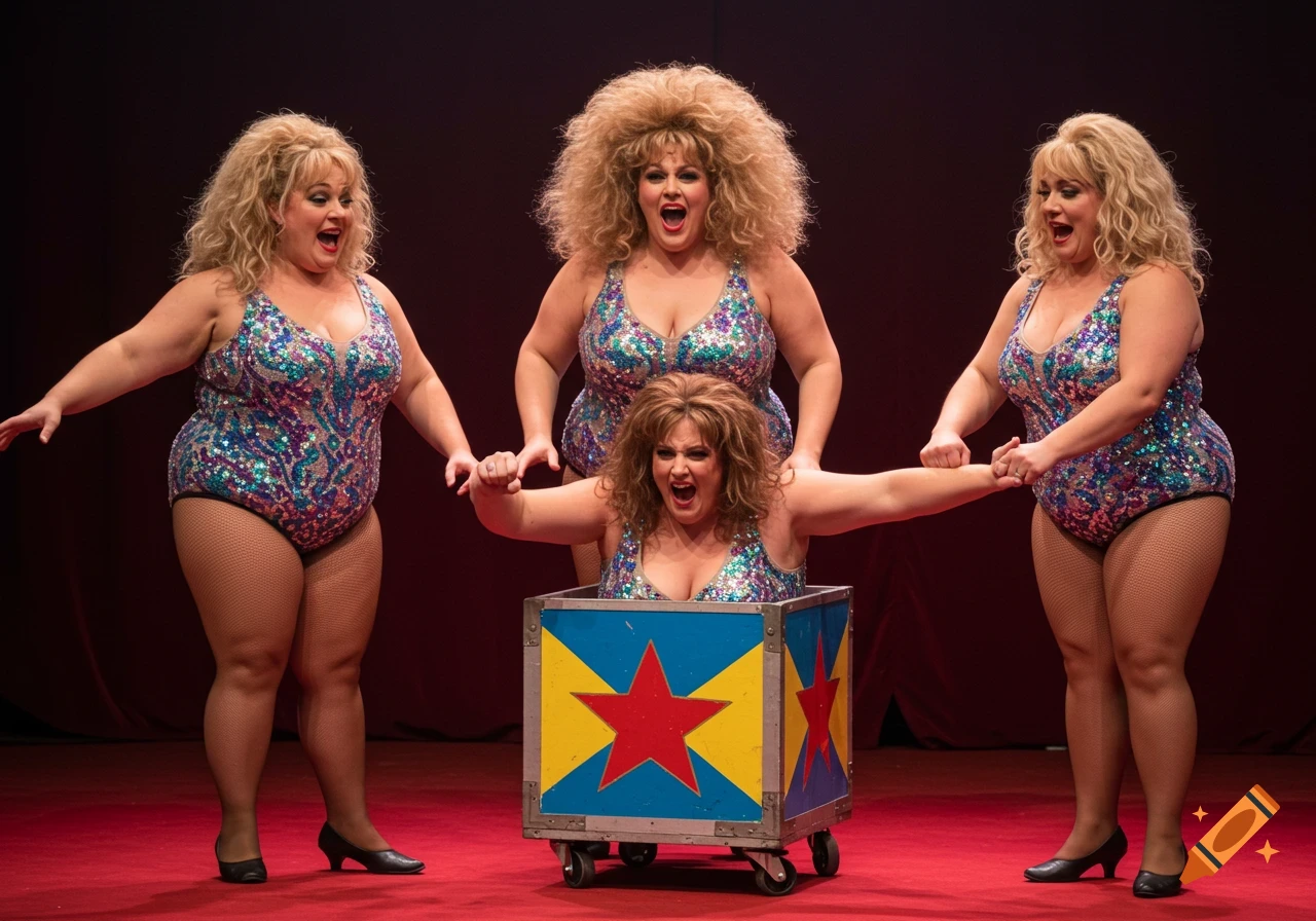 Four women in sequined leotards perform a circus magic act with one inside a brightly decorated box on wheels.