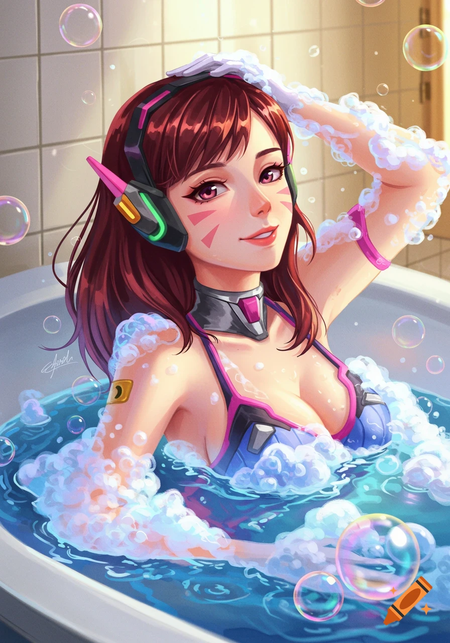 Illustration of D.Va from Overwatch in a bubble bath