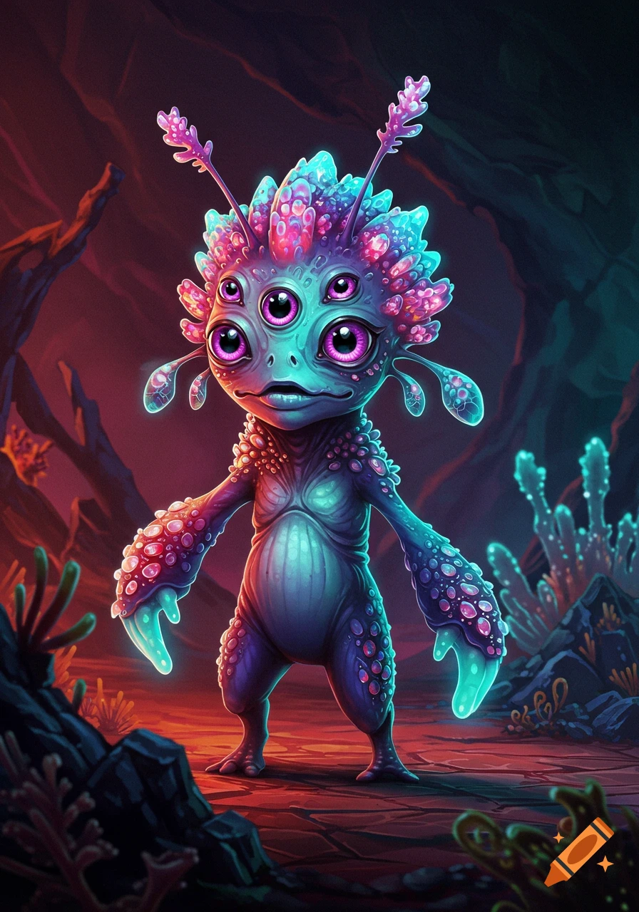 A bizarre alien creature with multiple pink eyes and a purple and blue body stands in a glowing cave.