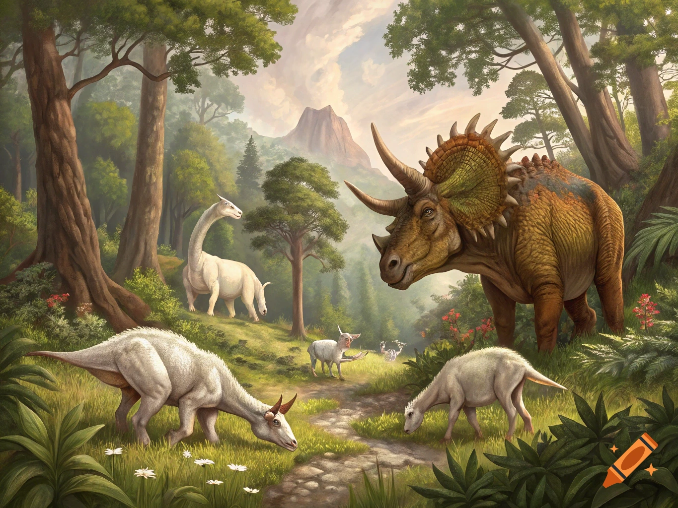 A large triceratops faces other dinosaurs and small mammals in a prehistoric forest clearing with a mountain