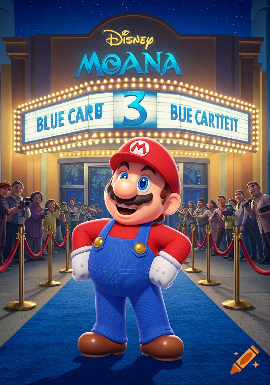 Mario poses on a blue carpet outside a movie theater premiere