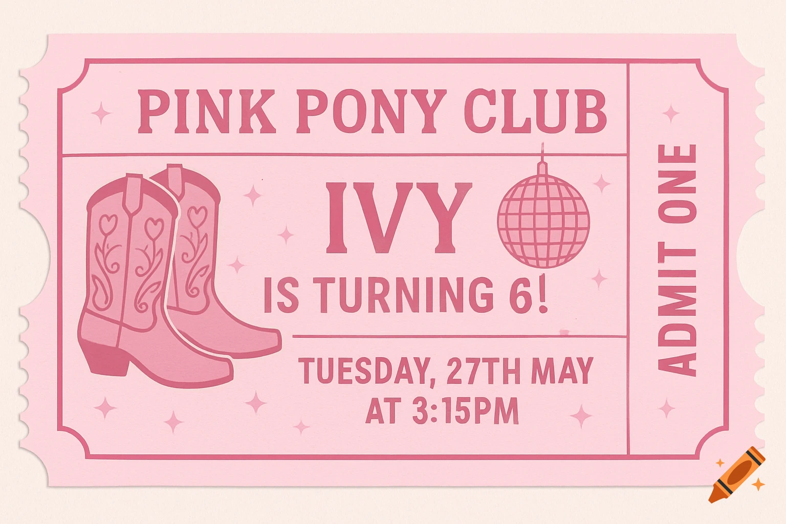 Pink birthday party invitation ticket with cowboy boots and disco ball.