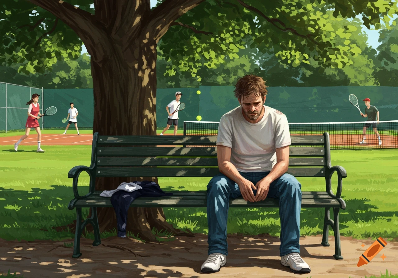 An illustrative image of a tired man sitting on a park bench watching people play tennis in the background.