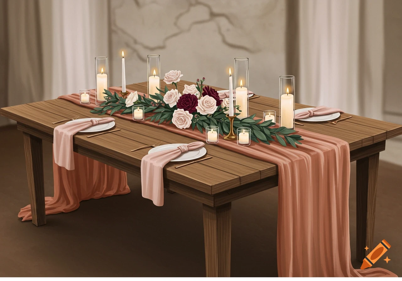 A long wooden table set with a terracotta runner, pink napkins, a garland of green leaves, light pink, cream, and burgundy flowers, and various candles.