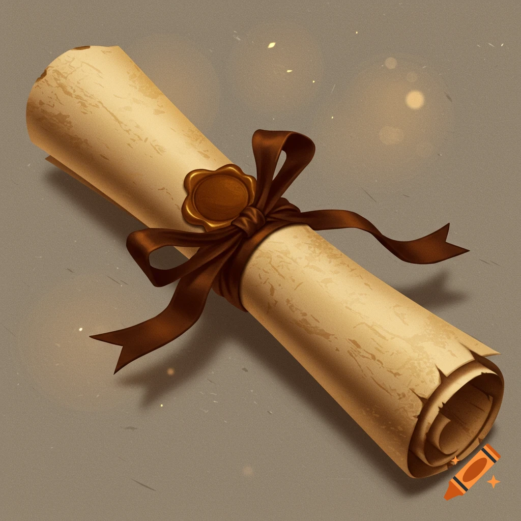Rolled parchment scroll tied with a brown ribbon and wax seal on a brown background.