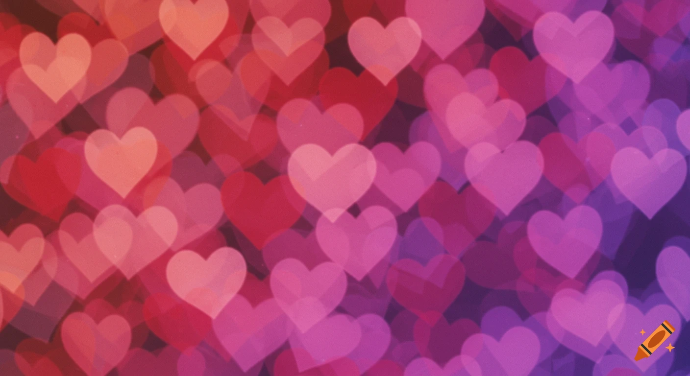 Abstract background of blurry red, pink, and purple hearts.