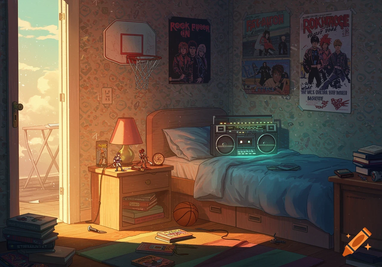 An 80s style illustration of a teenage boy's bedroom at sunset.