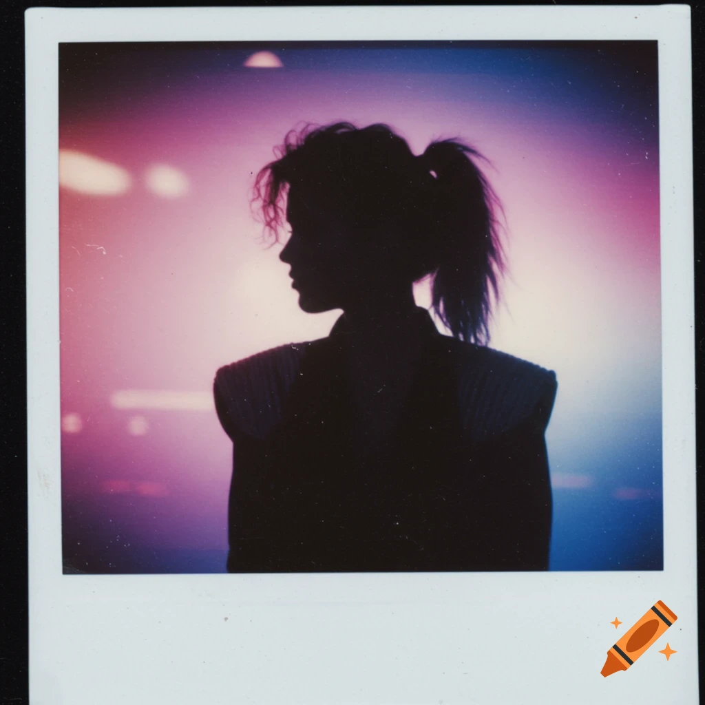 1980s style female silhouette against a colorful backlit background, like a fading Polaroid.