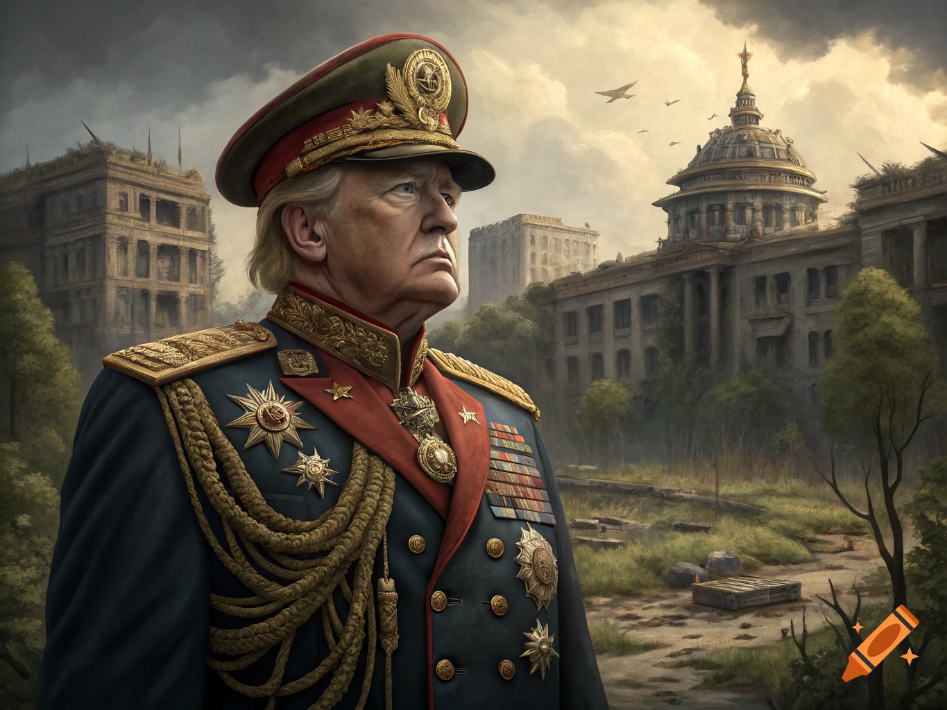 Donald Trump in a military uniform stands before a ruined city