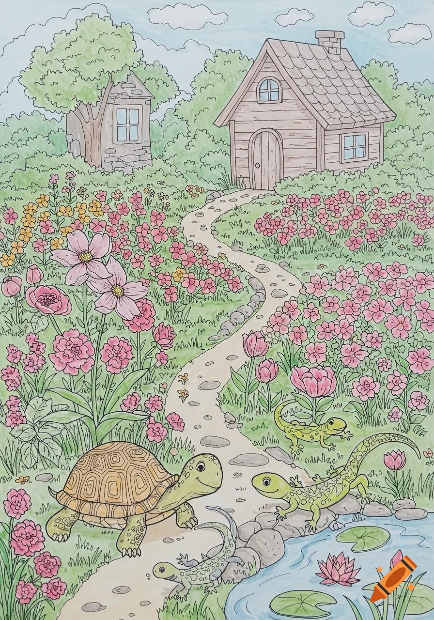 A coloring page illustration of a garden path with a turtle, lizards, flowers, and houses.