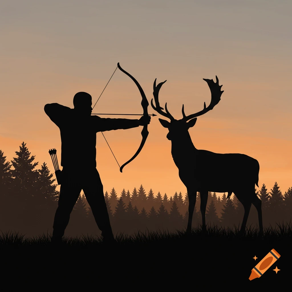 Silhouette of a bowhunter aiming at a deer at sunset