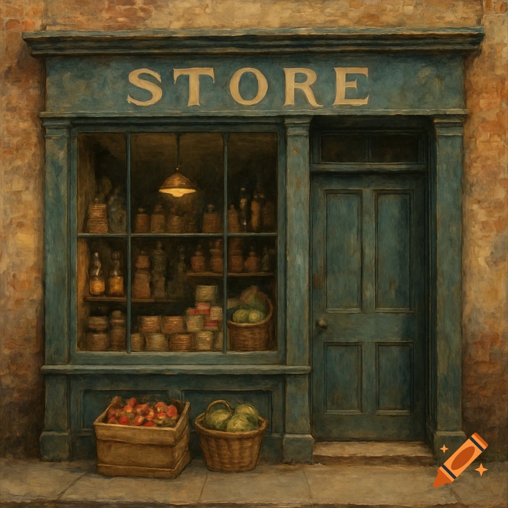 A painting of a rustic store facade with a window display of jars and baskets of produce, under a sign reading 'STORE'.